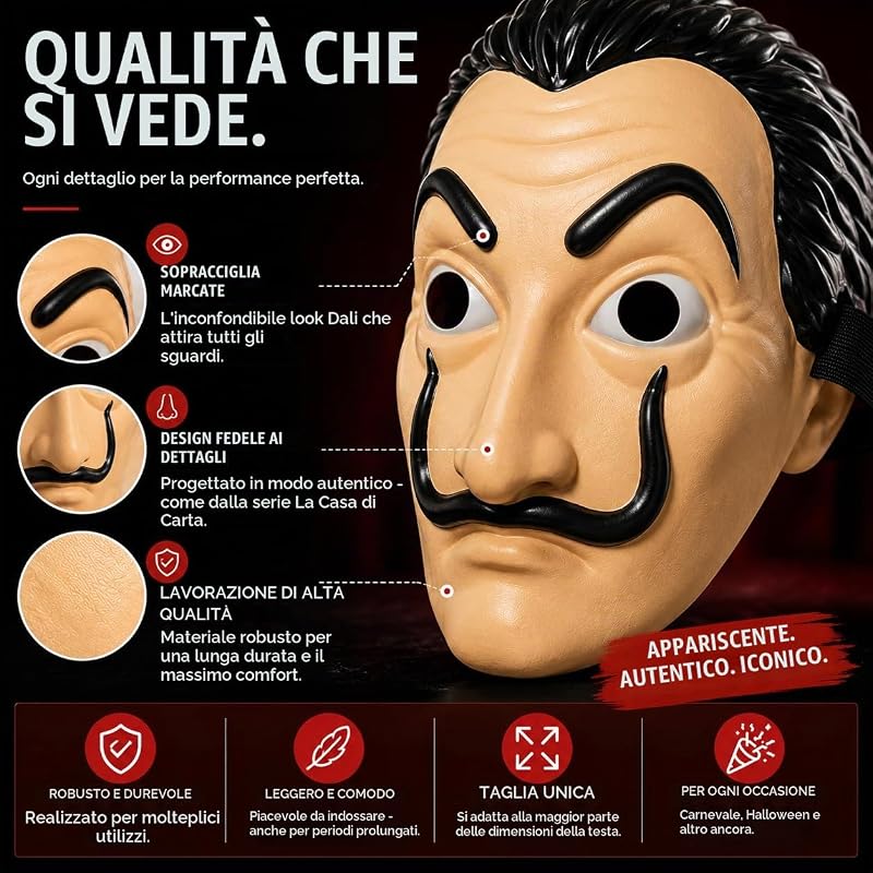 Maschera Dalí per Carnevale e Halloween, 1 maschera — foto 7 di 8