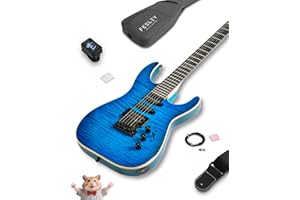 Fesley X 39" Solid Body Electric Guitar: Electric Guitar Kit with Bone Nut, Full Size 6 String Guitars with 24 Frets,Poplar Body AAA Flame Maple Top,Guitarra Electrica with HSS Ceramic Pickup,Blue