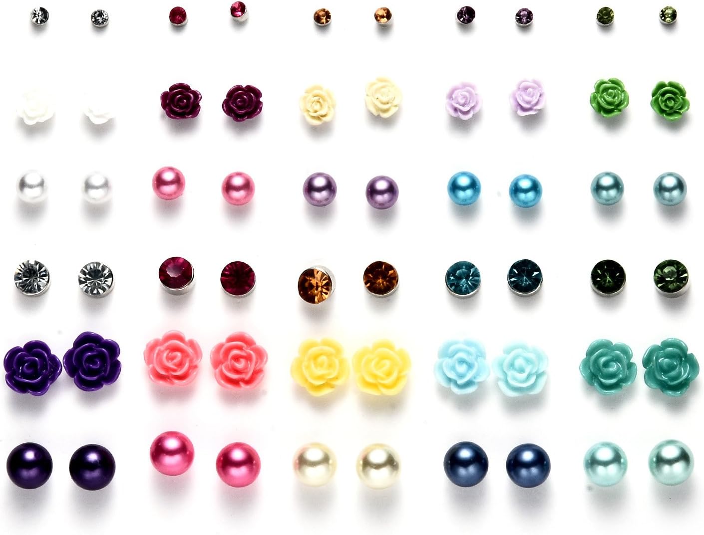 Onnea 30 Pack Stud Earrings Set for Girls Assorted Multiple Ball Crystal Rose Flower
