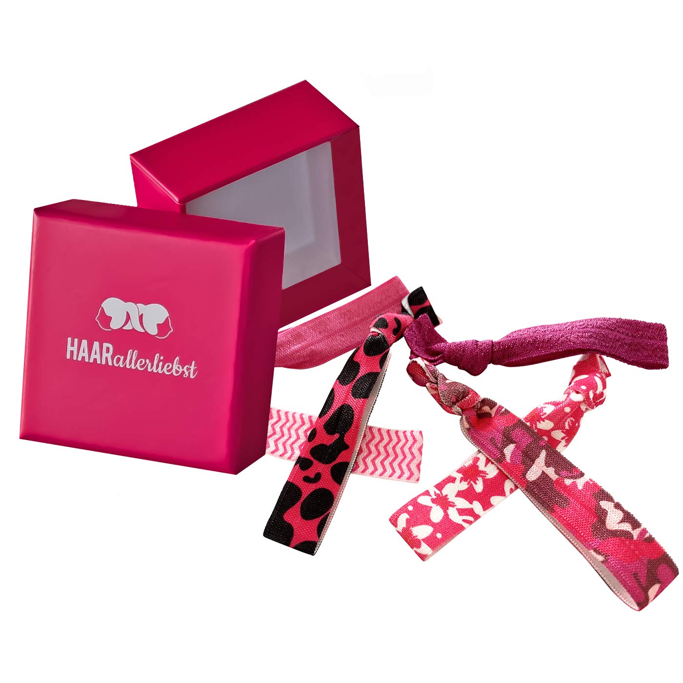 HAARallerliebst Hair Scrunchies Bracelets (Pack of 6) with Storage Box (Pink - Pink with Pattern)
