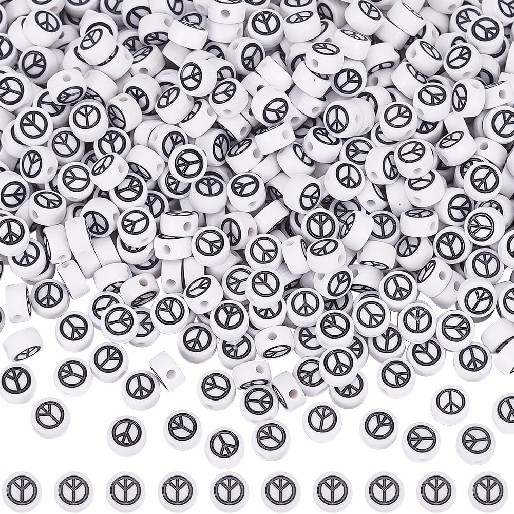 SUNNYCLUE 1 Box About 730pcs 100g Peace Sign Beads Bulk Peace and Love Beads Small Acrylic White With Black Round Flat Opaque Spacer Beads for DIY Necklaces Bracelets Earring jewellery Making Crafts