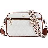 Telena Crossbody Bags for Women Small Crossbody Purses Quilted Vegan Leather with Guitar Strap Beige with Brown | Small, Quilted, Vegan Leather, with Guitar Strap
