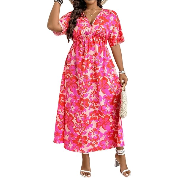 Floerns Women's Plus Size Chevron Striped Wrap Dress - V Neck, Cap Sleeve, Midi Length