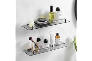 Voldra Bathroom Glass Shelf 15.7In Bathroom Shelves Wall Mounted Tempered Glass Shelf with Rail Floating Shelves Bathroom-2 Tier (Black)