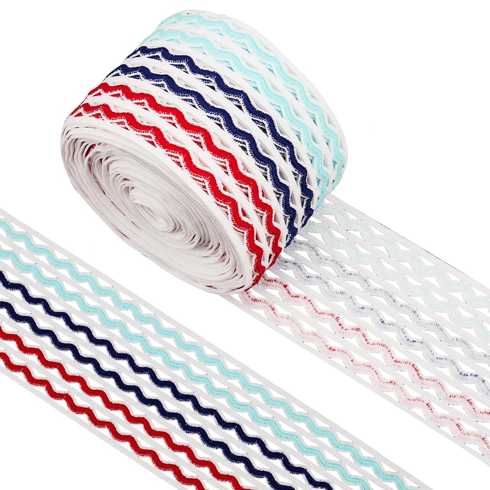 GORGECRAFT 5m 6cm Wide Rainbow Wave Elastic Cord Blue Dark Blue Red Striped Elastic Band Rick Rack Waistband Flat Stretchy Webbing Sewing Knitting Strap Trim Ribbon for DIY Craft Headband Bags