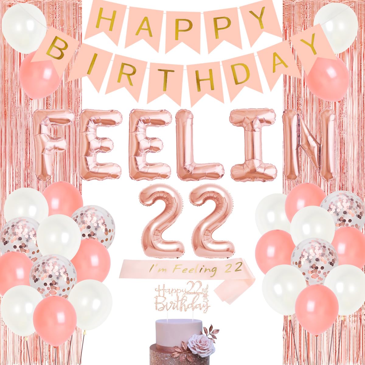 Fangleland 22nd Birthday Party Decorations Rose Gold Feeling 22 Birthday Decorations for Her Women with I'm Feeling 22 Sash Cake Topper Fringe Curtains Feelin 22 Balloons