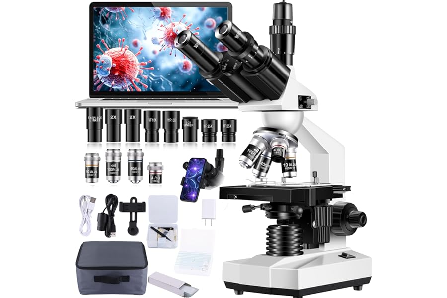 Woehrsh Trinocular Microscope 40X-5000X Magnification Laboratory Grade with Dual Mechanical Stage and HD USB Camera Microscopes for Adults（Adult Trinocular Microscope with Electronic Eyepiece）