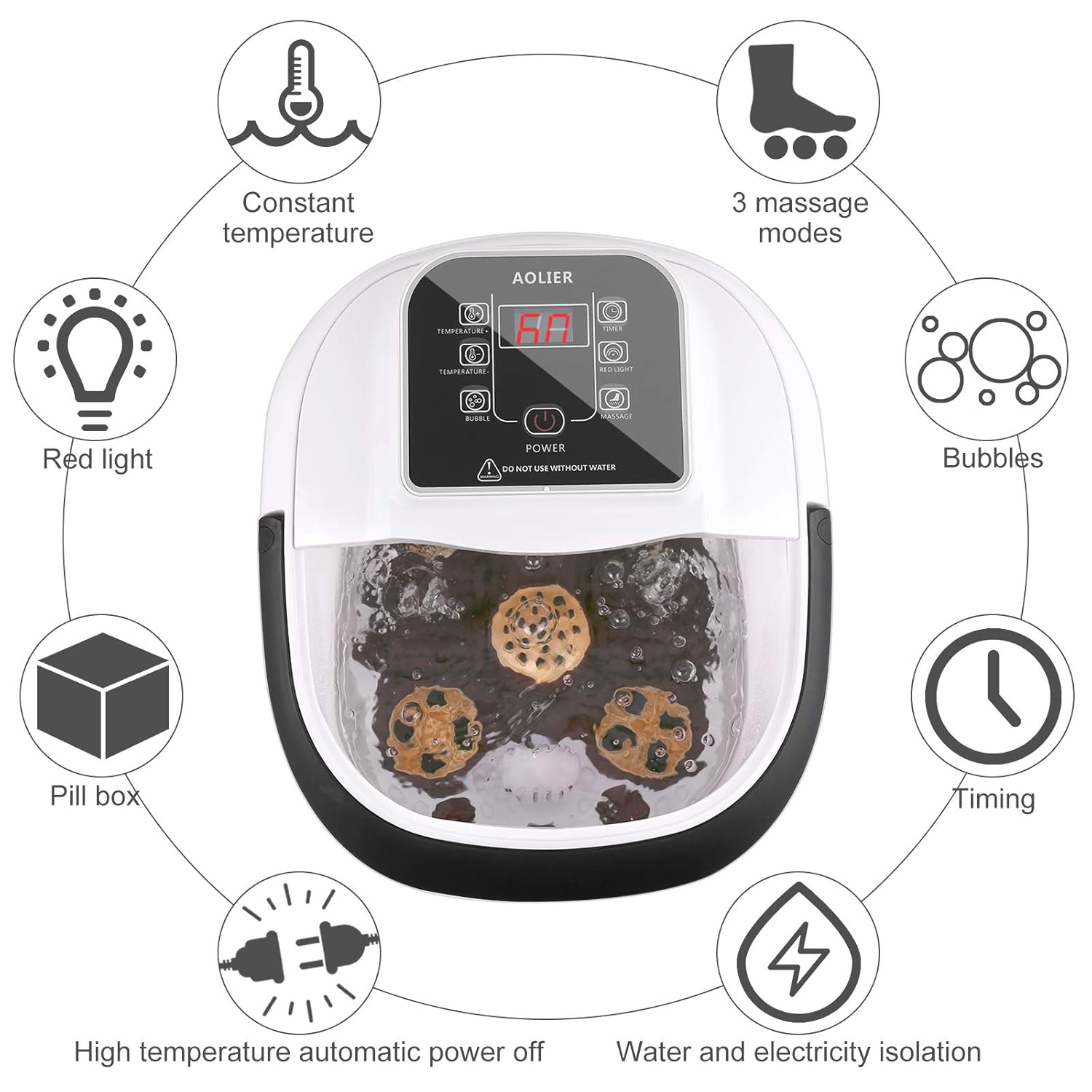 Foot Spa Bath Massager with Heat Bubbles, Automatic Tai Chi Massage Roller and Maize Roller, Red Infrared Light, Medicine Box, Timer and Temp Adjustable Pedicure Foot Soak Tub for Stress Relief: Beauty