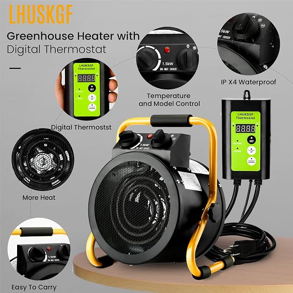 LHUKSGF GREENHOUSE HEATER WITH DIGITAL THERMOSTAT, GROW TENT HEATERS, OVERHEAT PROTECTION, FAST HEATING FOR GREEN HOUSE, FLOWER ROOM, YELLOW-BLACK