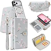 LITOU Compatible for iPhone 17 Pro Max Phone Case Crossbody Wallet,Detachable Magnetic,Card Holder,Wrist Lanyard Strap,Zipper Wallet Case for Men Women.GrayFlower