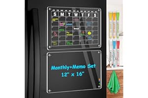 WALGLASS Acrylic Calendar for Fridge, Monthly Clear Acrylic Magnetic Dry Erase Board for Refrigerator, Set of 2 Stronger-Magnetic Reusable Fridge Planner, Includes 6 Liquid Chalk Markers