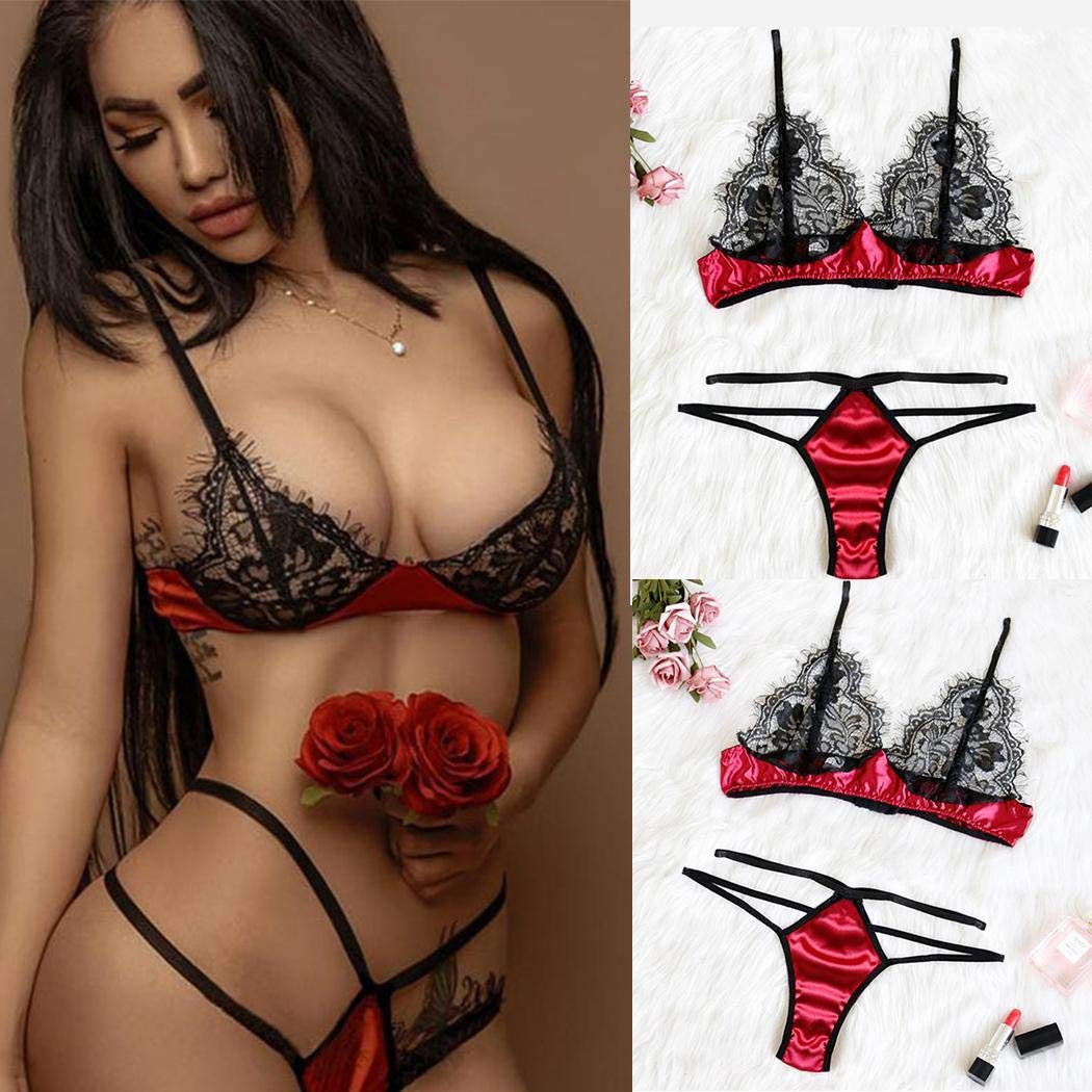 fercisi Women Lace Patchwork Lingerie Set Sexy V Neck Adjustable Spaghetti Strap Bra Brief Set Wine Red