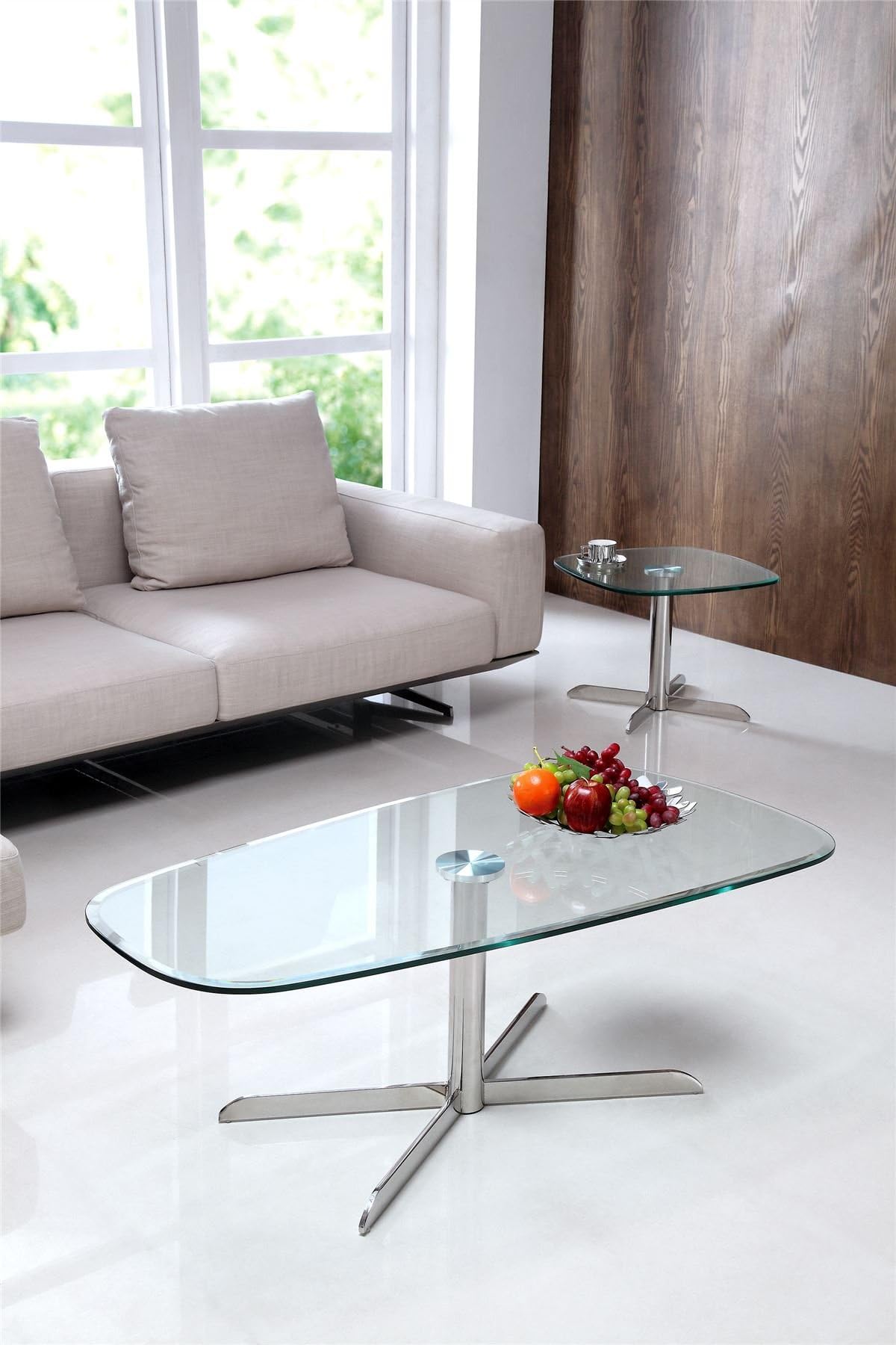 Icon Designer Clear Glass Coffee Table | Low Living Room Table | Modern Occasional Table with Silver Metal Pedestal Base | Icon by Oak Furniture King