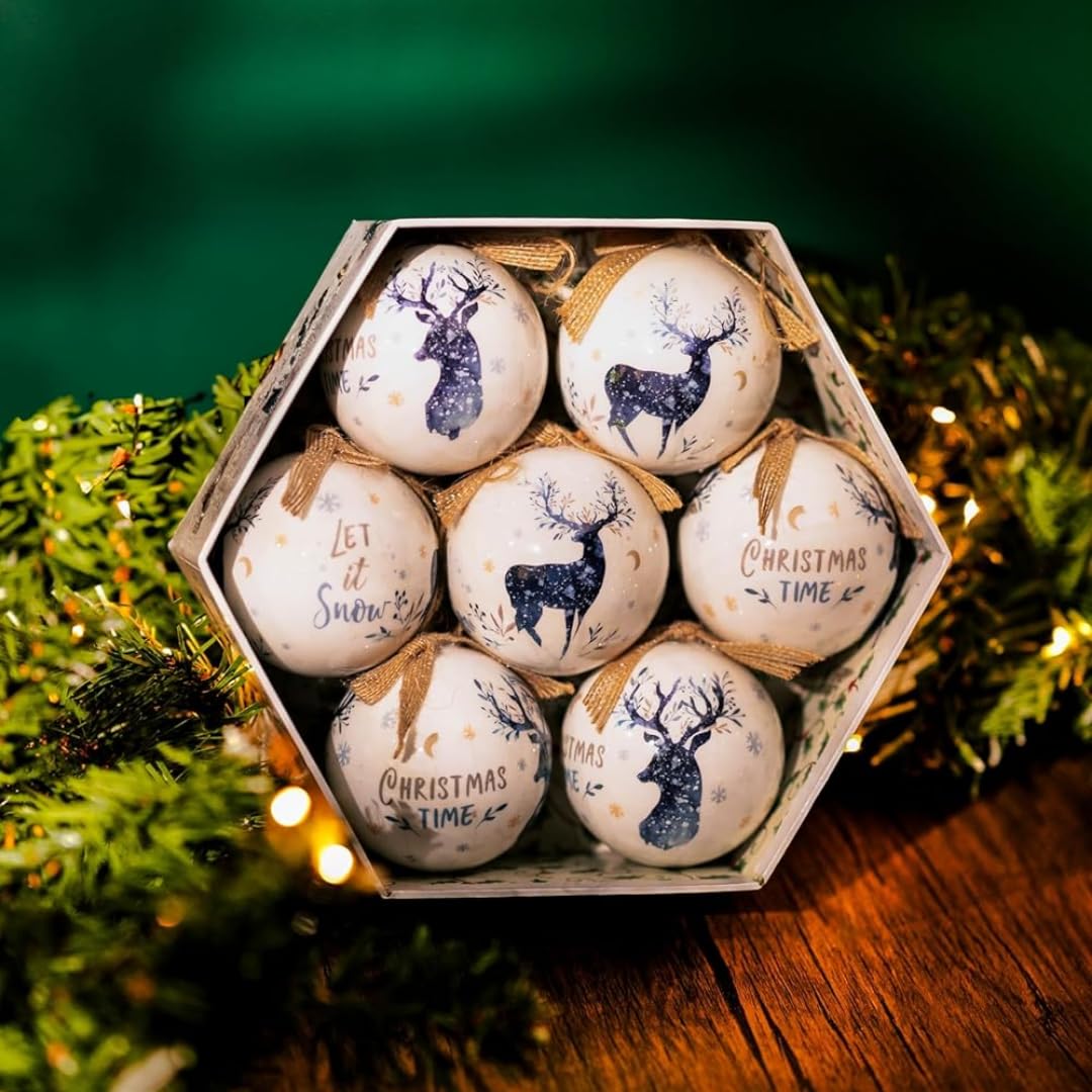 Marco Paul Large Vintage Reindeer Christmas Tree Bauble - 7 Pack Blue & White Baubles with Stag Design – Elegant Blue Baubles Christmas Tree Decorations for Navy Home Decoration & Festive Garland