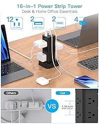 10Ft Surge Protector Power Strip Tower, 12 Outlets