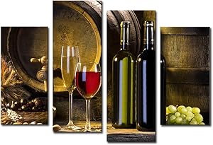 Noah Art-Modern Still Life Art Print, Red Wine Barrel Grape and Wine Bottle Paintings Photo to Canvas Prints Wall Art, 4 Panel Stretched Still Life Canvas Art for Dining Room Wall Decor