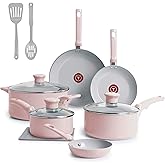 T-Fal Refresh Ceramic Nonstick Cookware Set, 12-Piece Ceramic Pots and Pans Set, Oven Safe to 350°F, Includes Stockpot, Griddle, Frying Pans, & Utensils, Dusty Rose