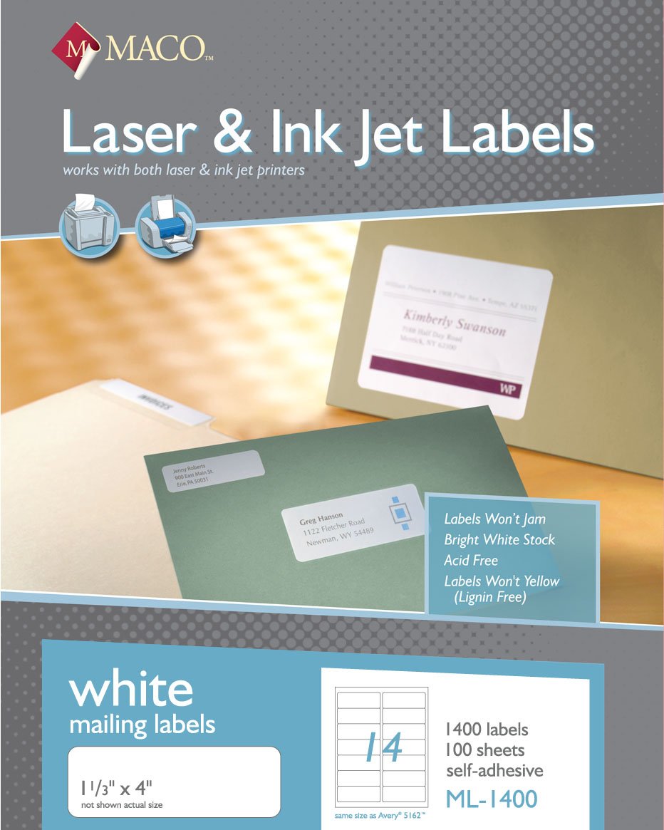 Maco Laser Ink Jet White Address Labels Ml 1400 14 Per Sheet 1400 Per Box 1 1 3 X 4 Inches Office Supplies Labels Indexes Stamps
