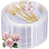 LIYH 200 Pcs Clear Gold Plastic Dessert Plates 7.5"and Cake Forks 5" - Clear Small Cake Plastic Plates and Gold Forks for Parties Wedding Birthday