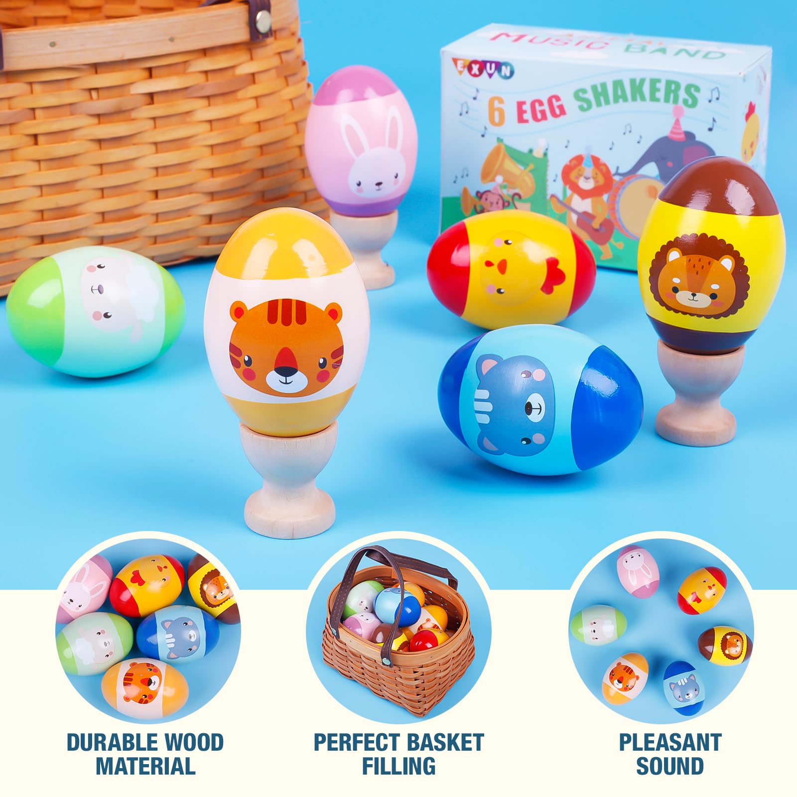 Exun 6 Pack Wooden Percussion Musical Animal Shake Eggs Easter Egg Shakers for Kids Boys Girls Toddlers Easter Gifts, Easter Basket Stuffers Fillers, Party Favors, Easter Hunt, Classroom Prize