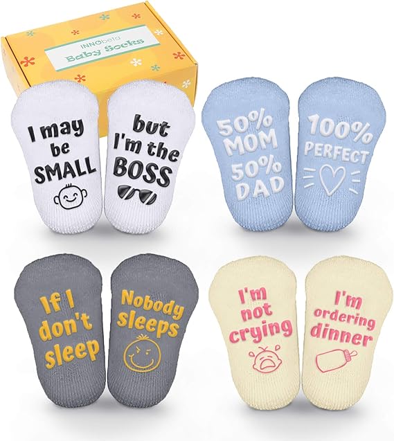 INNObeta Gender Neutral Baby Socks Set with Funny Quotes (4 Pairs
