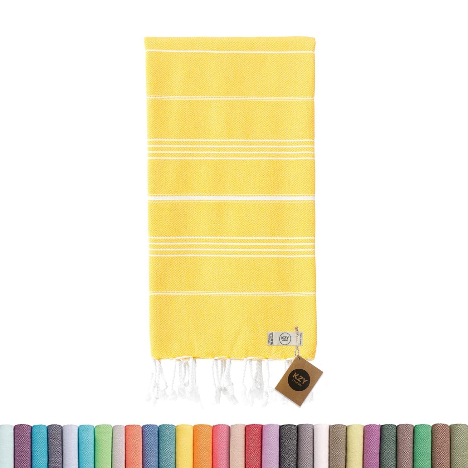 KZY LONDON Beach Towel - Large Turkish Beach Towels for Camping, Swimming, Bath, Gym, Picnic - Quick Dry, Super Absorbent, Lightweight, Compact Cotton Hammam Towels for Adults, Men, Kids (Yellow)