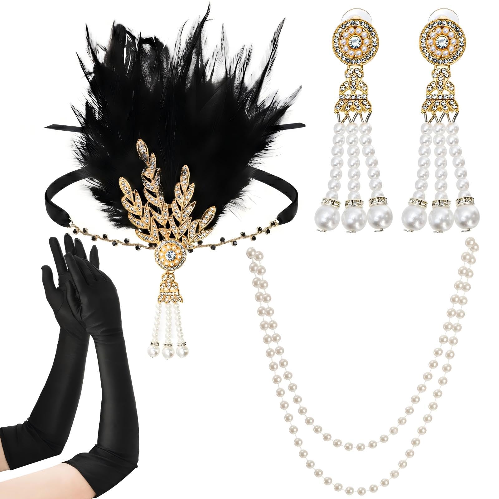 Mezchi 6 Pieces 1920s Gatsby Flapper Accessories Set, 20s Party Costume Headband for Women, Feather Flapper Headpiece, Pearl Necklace and Earrings, Gloves, Holder
