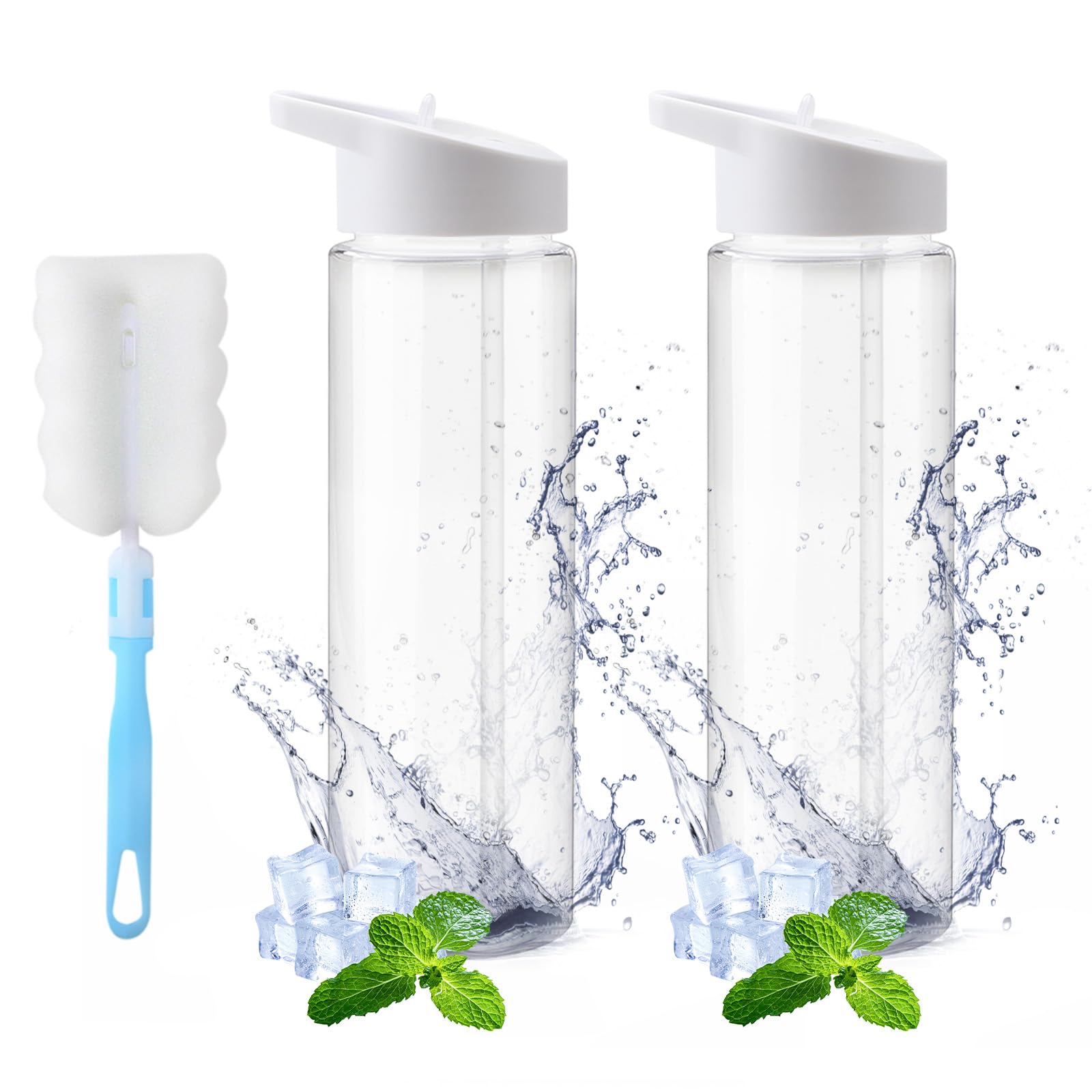 DAWRIS 2 PCS Leak-Proof Sports Water Bottles,BPA Free 700 ml Sports Water Bottle with Straw & Brush,Gym Water Bottle,Leak Proof Re-Usable Flip Top Drinks Bottles,Sports Flask for School Outdoor Sports