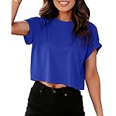 Crop Tops for Women Summer Short Sleeve Loose Fit T Shirts Casual Round Neck Rolled Basic Tees