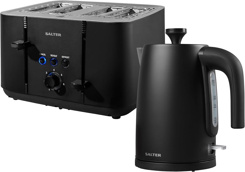 Salter Kuro Kettle and Toaster Set Black 1.7L 4-Slice 3kW 1850W