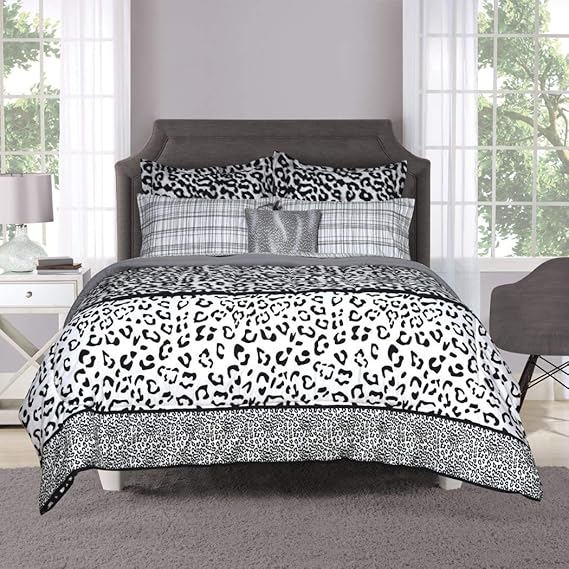 Juego de niñas negro Blanco Gris leopardo colcha Reina Conjunto