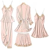 SAPJON Womens Pajama Sets 5PCS Silk Pajamas for women Cute Sleepwear Loungewear Satin Pajamas Sets for Women Soft
