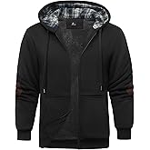 Men's Sherpa Jacket Fleece Lined Zip Up Plaid Hood Heavyweight Sweatshirt Winter Warm Thick Coat with Elbow Patches