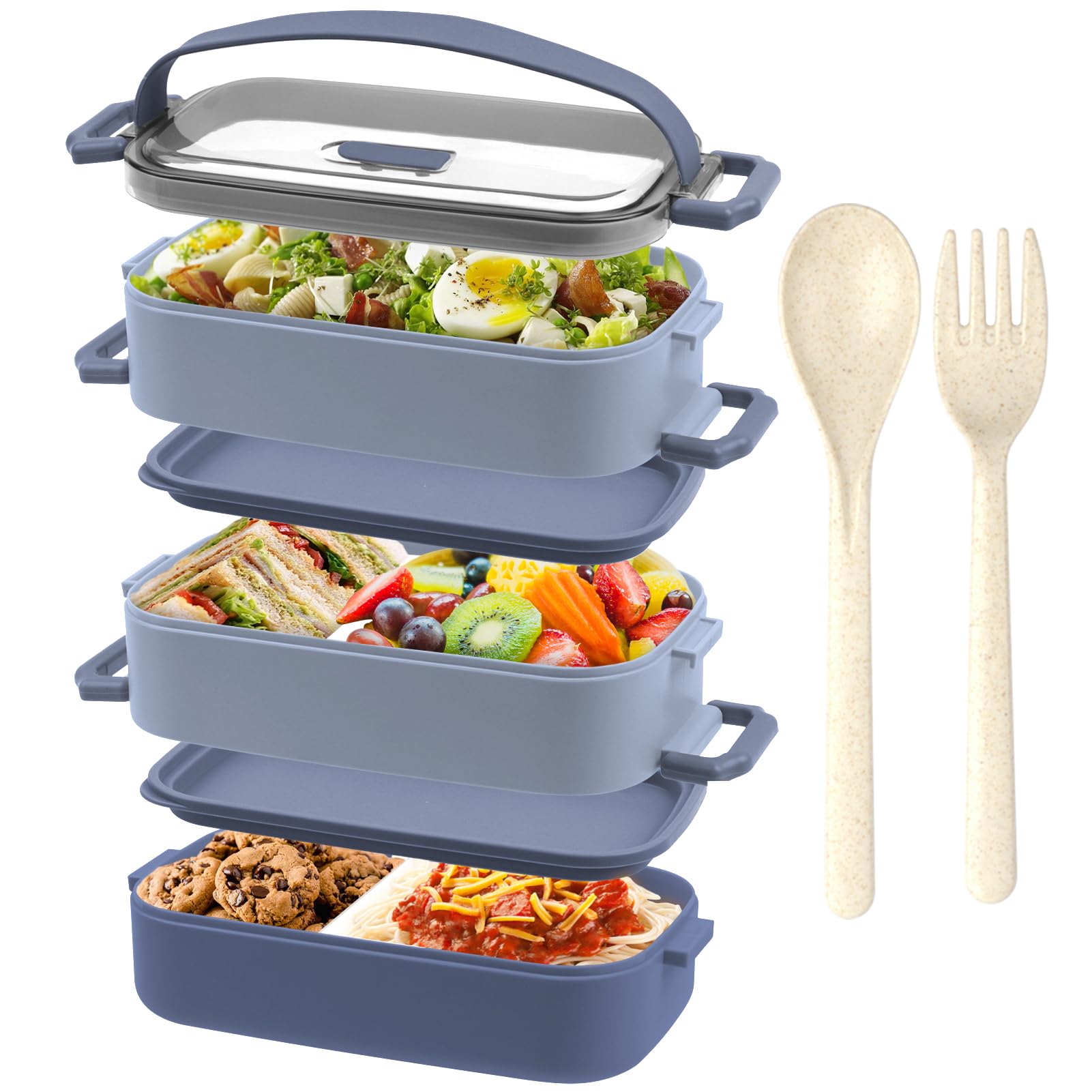 OITUGG Lunch Box - Premium 3 Layer Bento Lunch Box for Adults Work - 2200ml Lunchbox with Cutlery and 3 Pcs Compartment Adjustable, Leak-Proof, BPA-Free, Microwaveable, 19.5 x 11.2 x 15cm, Blue