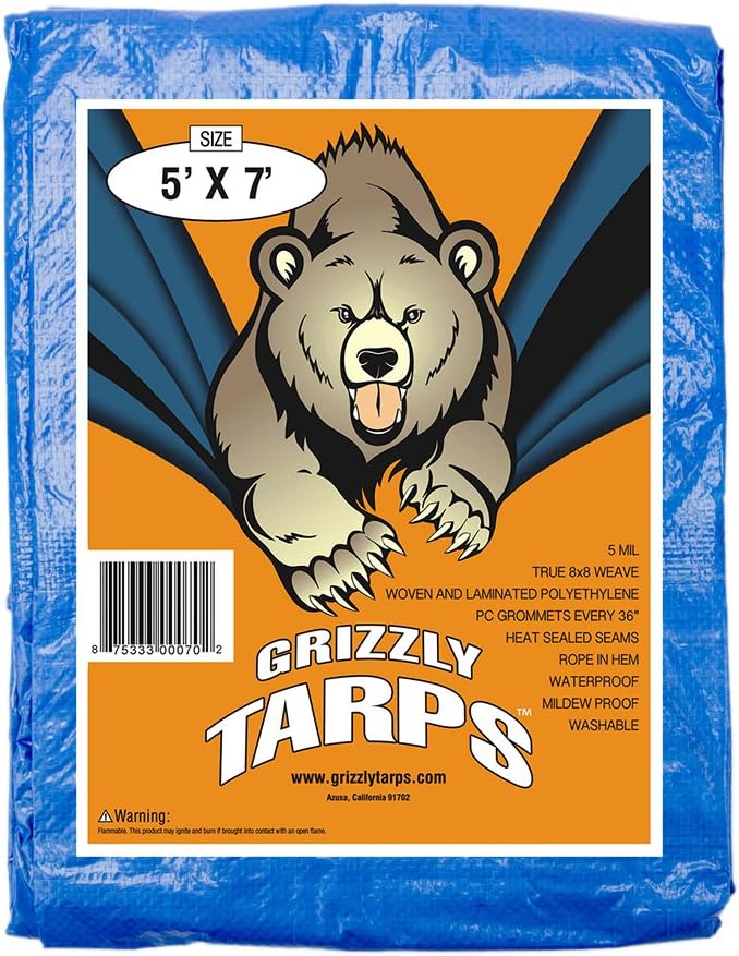 Grizzly Tarps 5 x 7 Feet Blue Multi Purpose Waterproof Poly Tarp Cover 5 Mil Thick 8 x 8 Weave