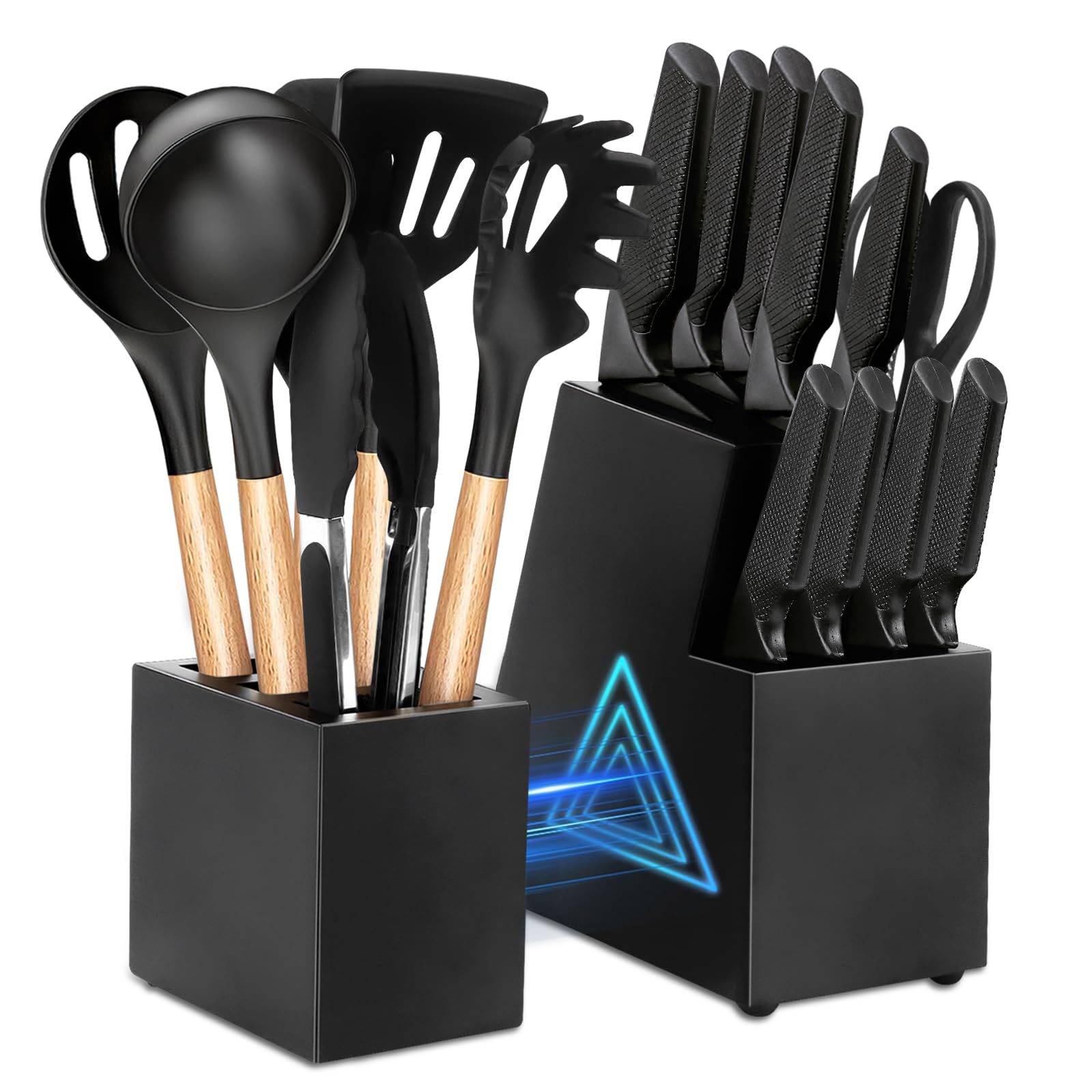 Photo 1 of Kitchen Knife Set,18 Pieces Black Kitchen Utensils Set with Holder and Kitchen Professional Chef Knife Set for Cooking,Non-Stick Heat Resistan Silicone Utensils Set with Wooden Handle (Black)