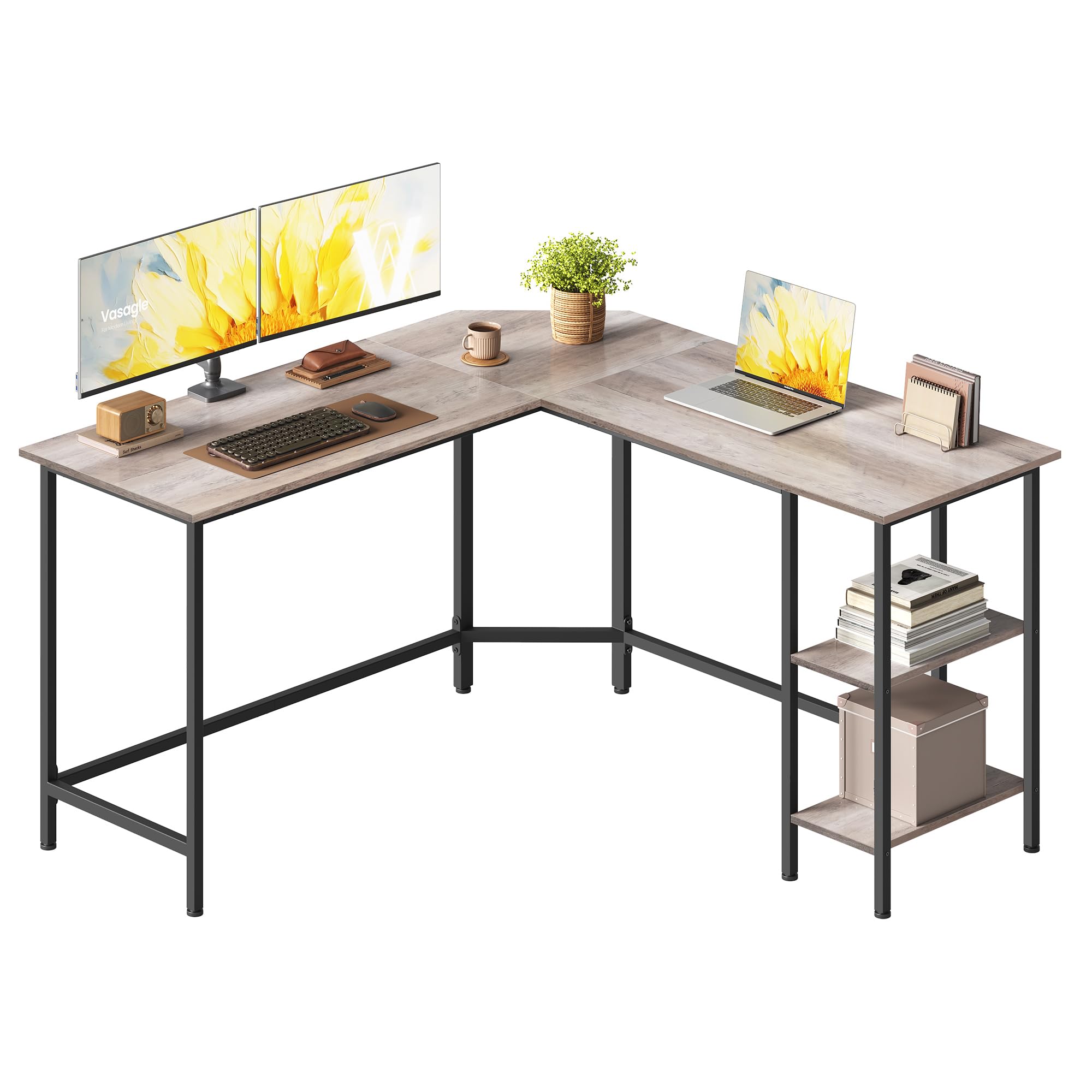 VASAGLE Computer Desk, L-Shaped Corner Desk, 138 x 138 x 76 cm, Gaming Desk, Workstation with 2 Storage Shelves for Home Office, Space-Saving, Easy to Assemble, Greige and Black LWD72MB