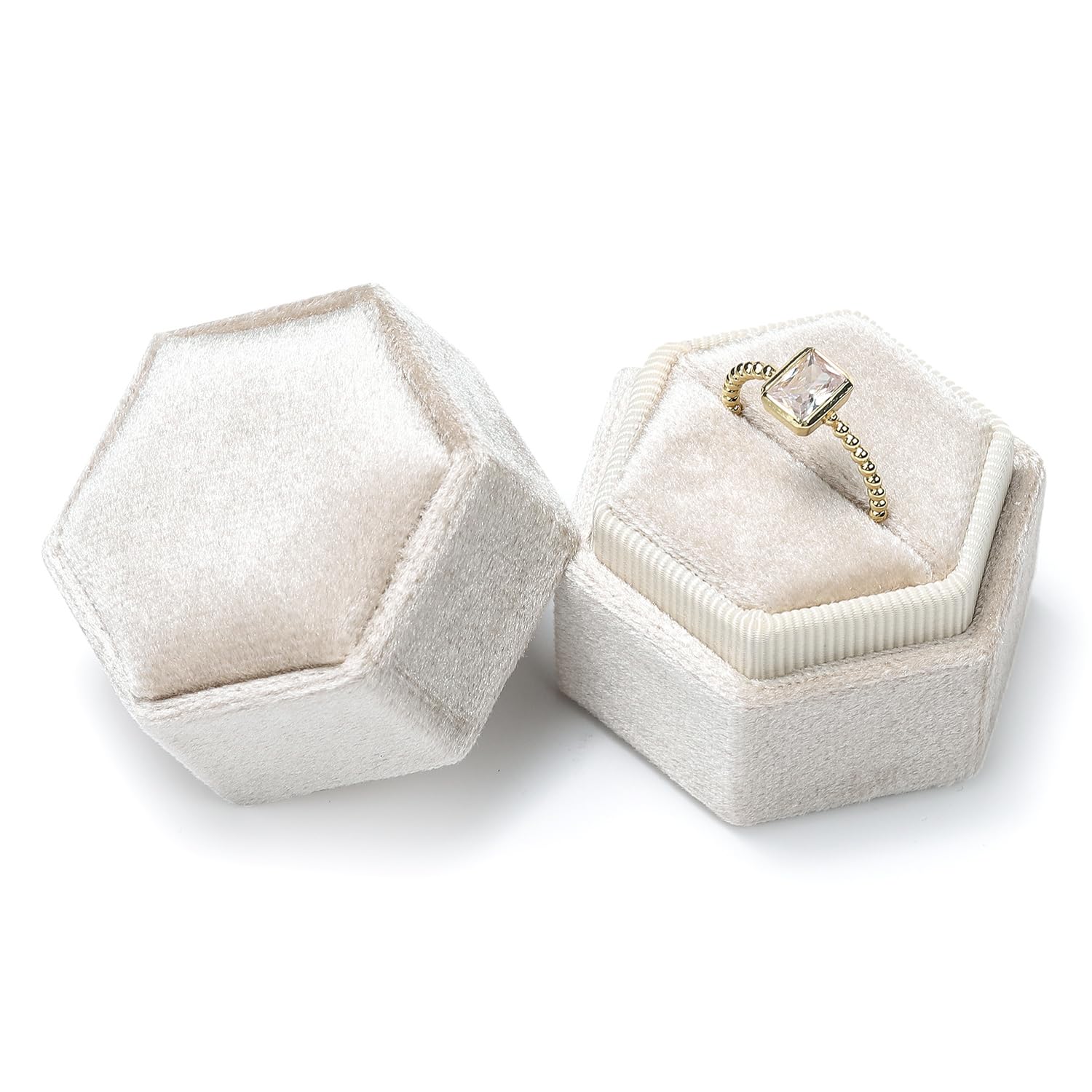 Photo 1 of Etercycle Velvet Ring Box - Vintage Hexagon Premium Jewelry Display Holder Gift Box with Detachable Lid for Wedding Ceremony Proposal Engagement (Beige, 1 Slot)