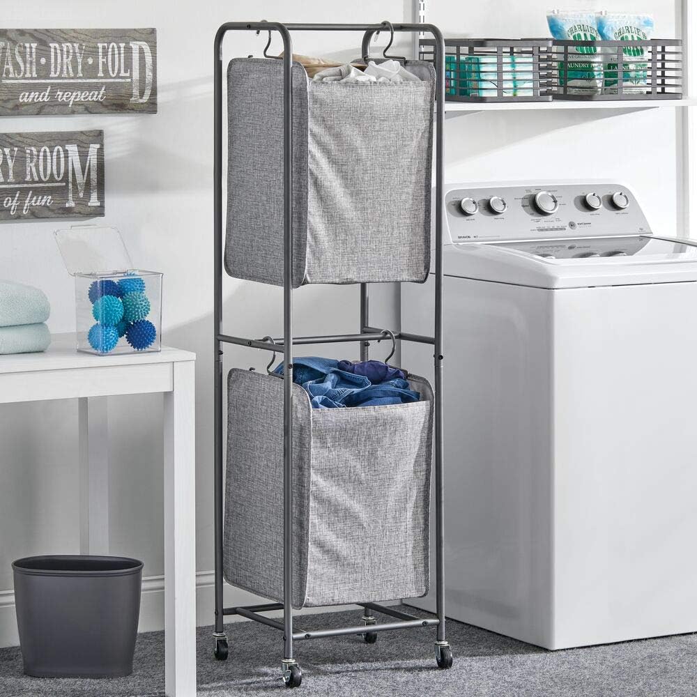 mDesign Vertical Stacked Laundry Hamper Basket with Wheels, Portable, 2 Removable Bags for Organizing Clothes Laundry, Lights - Image 3