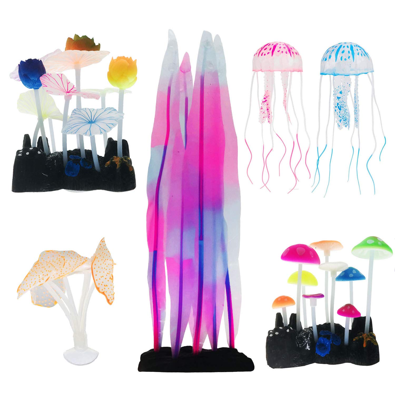 Cayway Pack of 6 Aquarium Aquatic Plants Luminous Aquarium Decoration Aquarium Decoration Artificial Jellyfish Artificial Glowing Silicone Mushroom for Aquarium Simulation Silicone Hydroponic Plants