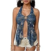 MakeMeChic Women's Halter Tops Paisley Print Tie Backless Metal Split Sleeveless Boho Tank