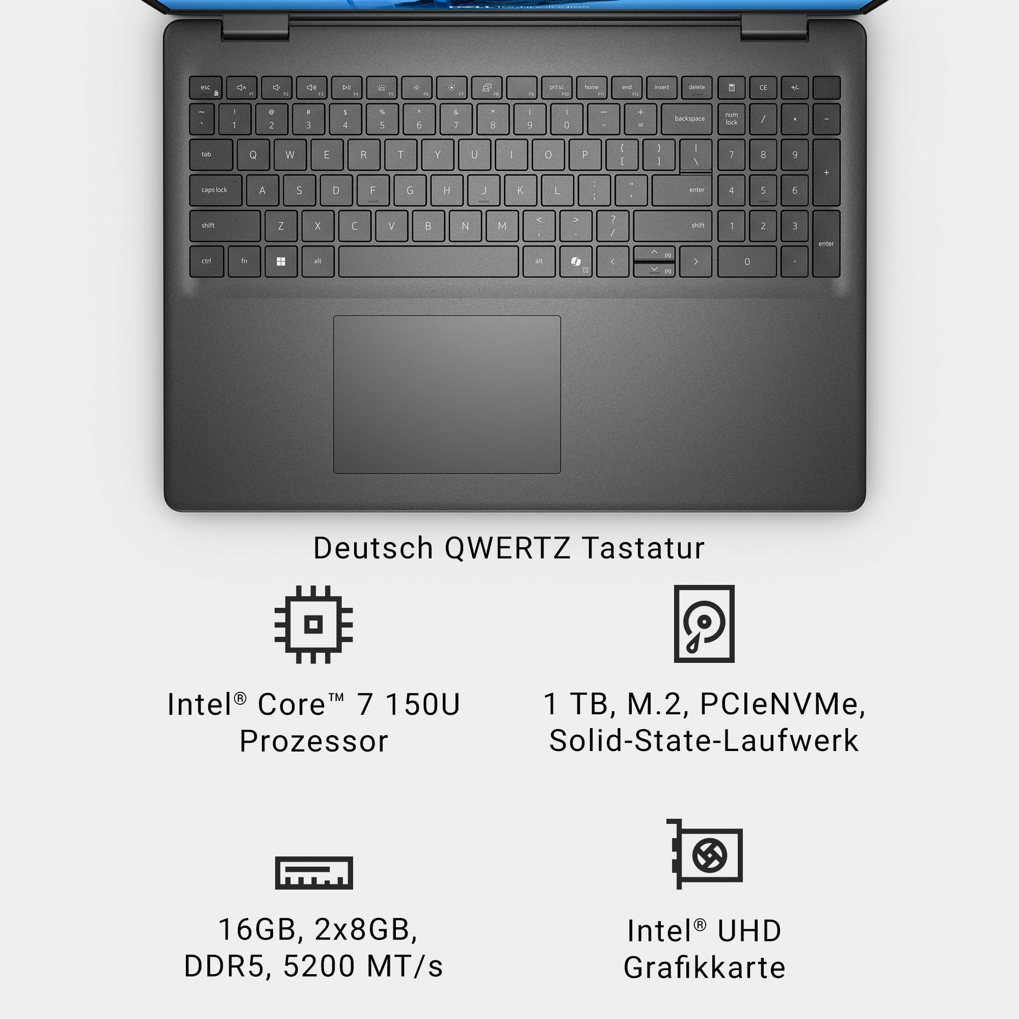 Dell 16 Laptop DC16250-16 Inch FHD+ (1920 x 1200) Display, Intel Core 7 Series 1, Intel UHD Graphics, 16GB DDR5 RAM, 1TB SSD, Windows 11 Home, Fingerprint Sensor, QWERTZ Keyboard - Black 9