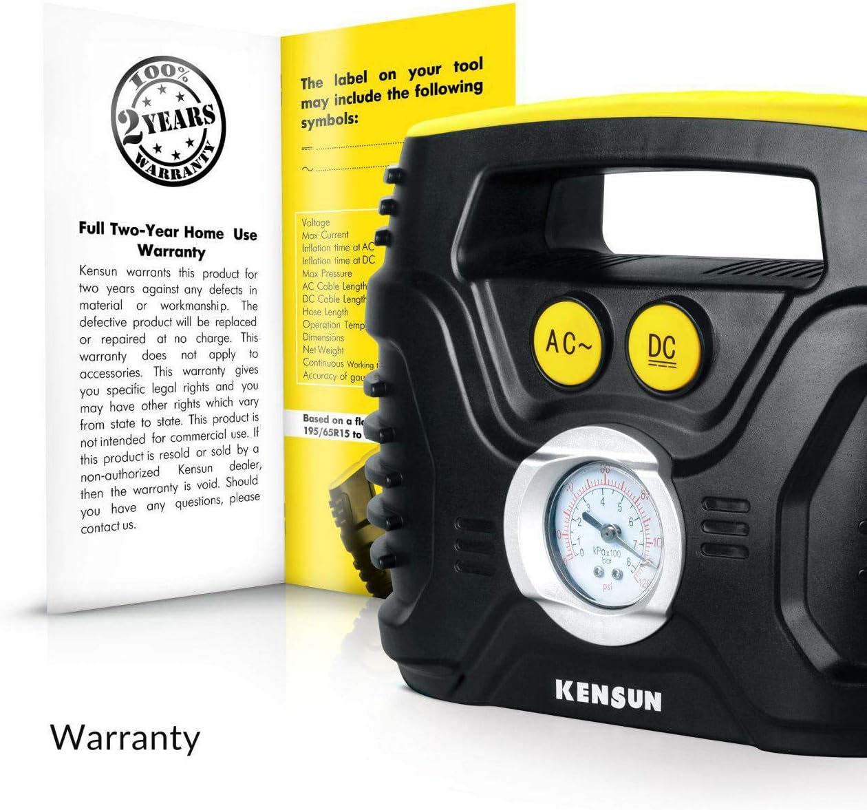 Kensun AC/DC Tire Inflator Portable Air Compressor Pump for Car 12V DC and Home 110V AC Swift Performance Inflator for Car, Bicycle, Motorcycle, Basketball and Others: Automotive