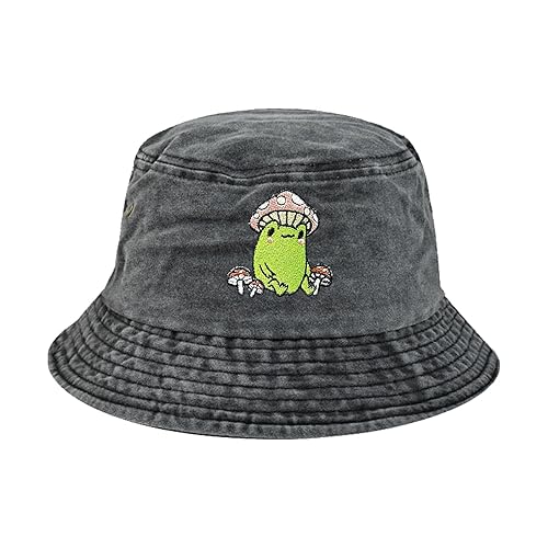 Enodtter Embroidered Frog with Mushroom Bucket Hat, Gifts for