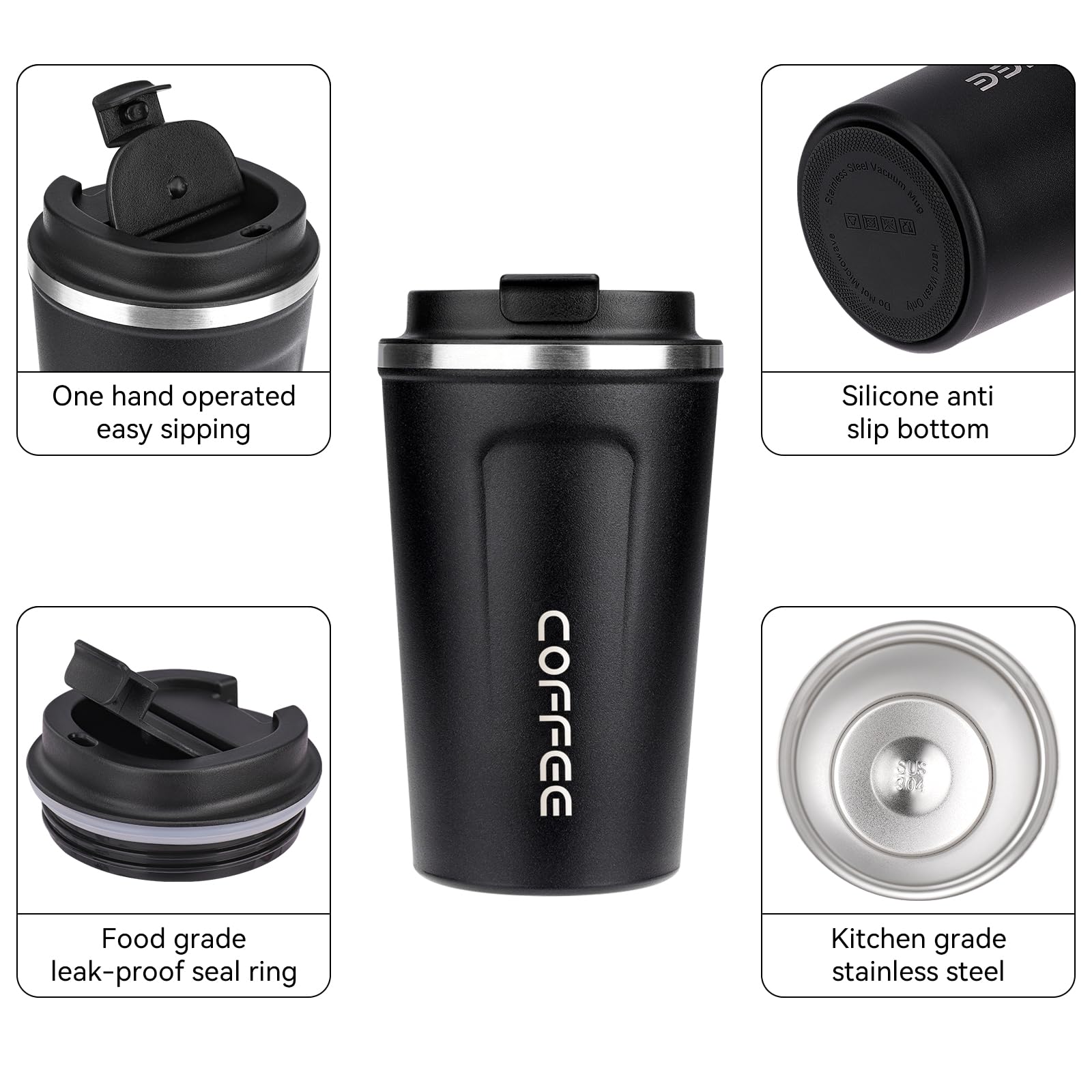 ERBO Kaffeebecher to go, Thermobecher Edelsthal, Auslaufsicher Kaffeetasse Kaffeebecher mit Deckel, Kaffeetasse Thermobecher für Unterwegs Umweltfreundlich, Schwarz 380ml 2