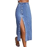 Nihsatin Women's Button Front Split Denim Midi Skirt High Waist Slim Fit Pencil Skirt