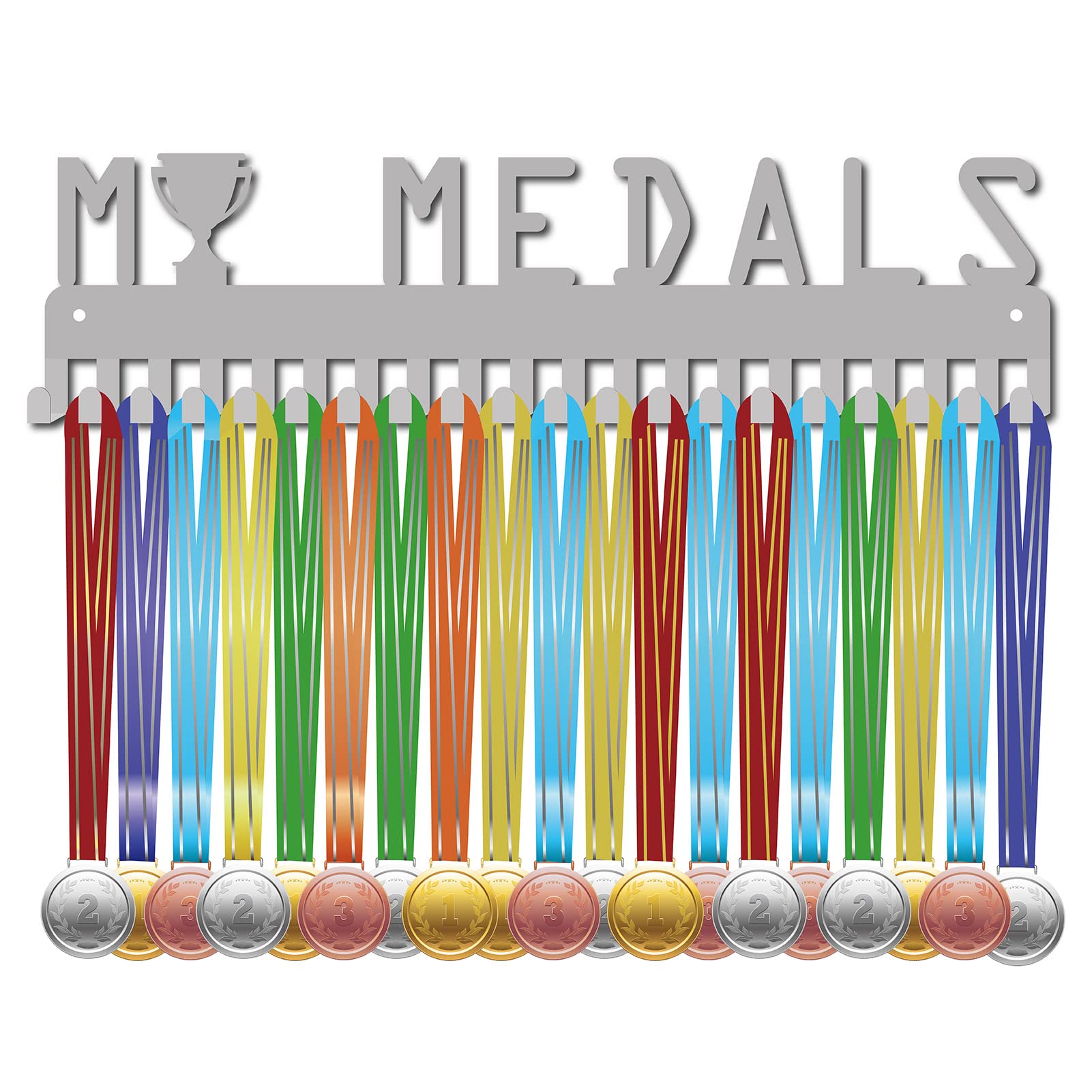 CREATCABIN My Medals Medal Holder Sport Display Stand Wall Mount Hanger Rack Decor Stainless Steel Hanging for Home Badge Medalist Trophy Winner Gymnastics 20 Hooks Storage Over 60 Medals, Silver