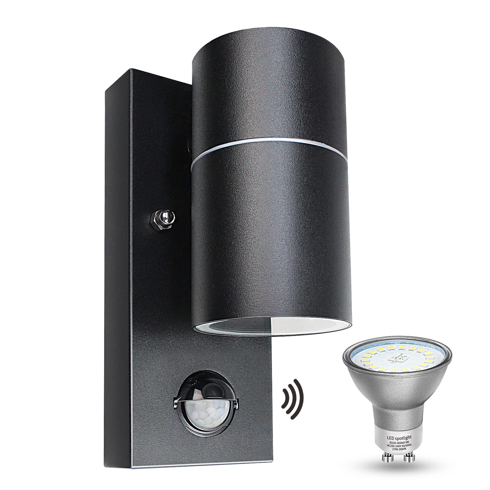 Wondlumi Outdoor Lamp with Motion Sensor GU10 Modern Outdoor Light Black Matt IP44 LED Wall Light Outdoor 230 V Includes 1 x 5 W GU10 Warm White Bulb