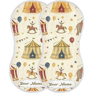 Personalized Retro Circus Tent Elephant 2-Pack Soft Burp Cloth Custom Name | Customized Name Absorbent Cotton Spit Up Rags, T
