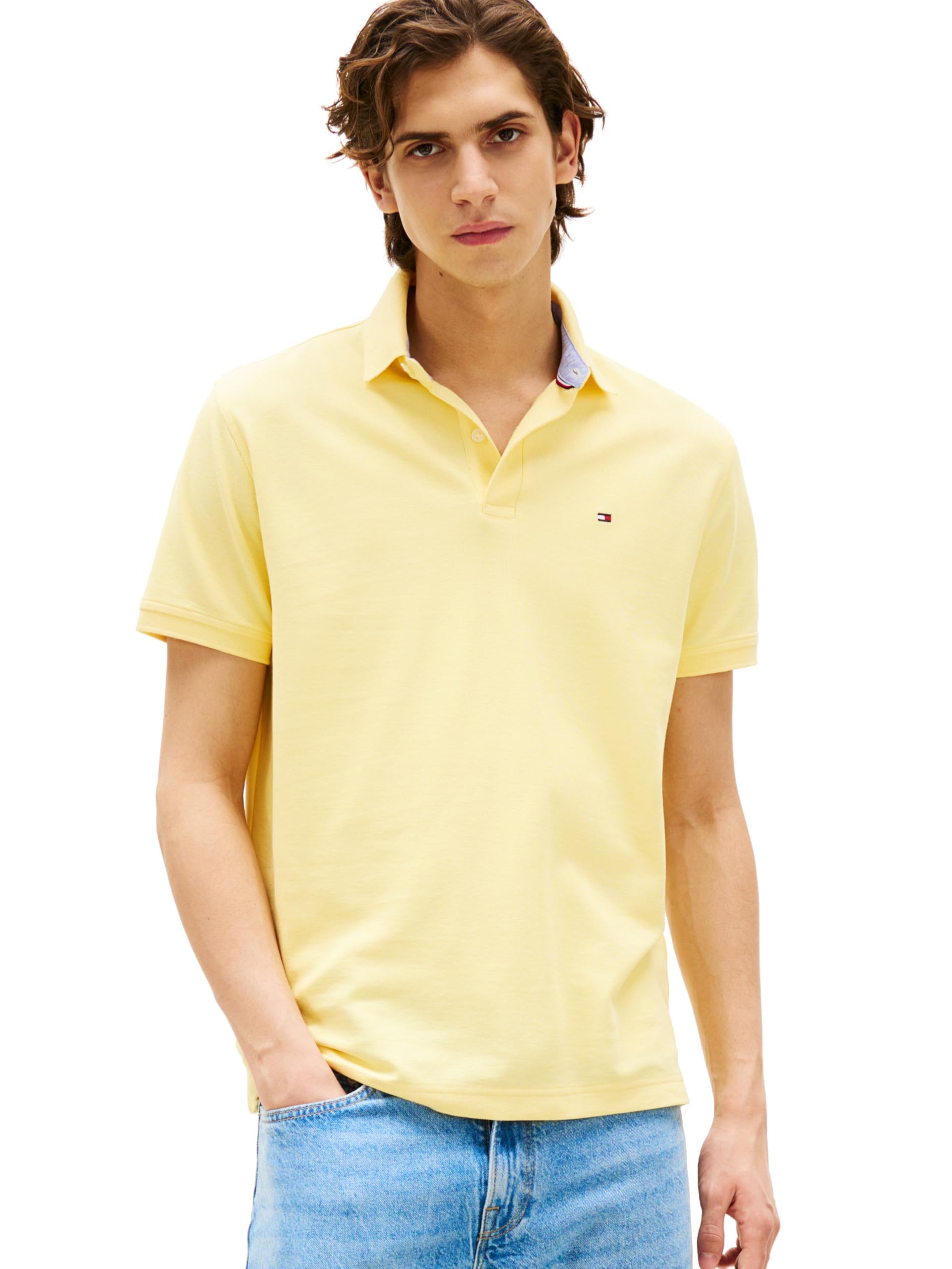 Tommy Hilfiger Mens Short Sleeve Moisture Wicking Stretch with Quick Dry + Uv Protection Polo Shirt, Citronella, Large US Image